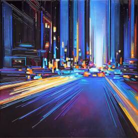 Leslie BERTHET LAVAL - "Blue street" 80x80 cm. Technique mixte sur toile, disponible.