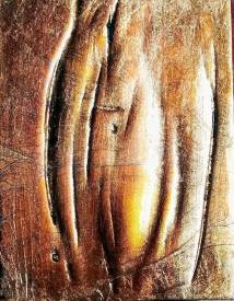 Valérie de LAUBRIERE - Réceptacle 18X1,5X23cm vernis,cuivre oxydé,pigment sur bois gravé 2024
