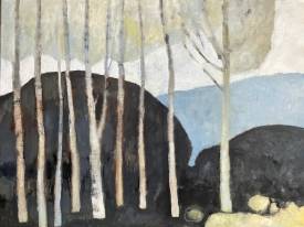Roxane DURAFFOURG - Paysage en ocre, bleu et noir, huile sur toile, 41x65cm