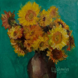 Iryna MALYNOVSKA - F2008 Bouquet de Tournesols Éclatants sur Fond Vert