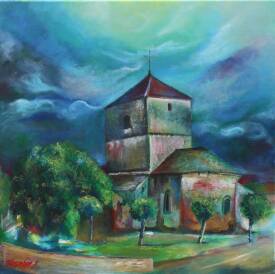 Stéphane TEXEREAU - 2024 L'EGLISE  ST MARTIN DE BRUX  60x60cm huile sur toile vendue aux enchères pour la restauration de la toiture en septembre VENDU.JPG