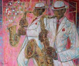 Aimé VENEL - Saxophones aux éclats de Jazz  100 x 120 cm Huile sur toile